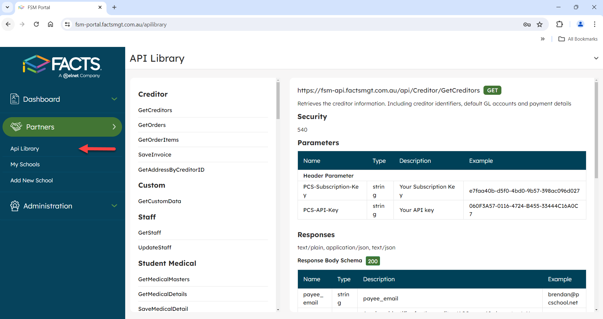 API Library – FACTS School Management